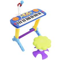 Teclado Piano Infantil Musical Rock Star 37 Teclas com Microfone e Banqueta Azul Importway Bw151az