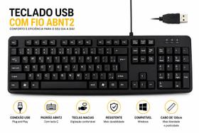 Teclado USB ABNT2 Com Fio 107 Teclas Preto Para PC Notebook Escritório Home Office Teclado USB ABNT2 Com Fio 107 Teclas Preto Para PC Notebook Escritório Home Office