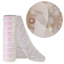 Tela Natal Malha Tule Decorativa Perolada Furta Cor Branco e Rosa 25cm x 5m Fita Premium Tela Natal Malha Tule Decorativa Perolada Furta Cor Branco e Rosa 25cm x 5m Fita Premium