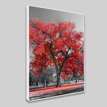 Tela Quadro branco Preto Decorativo com Moldura Arvore vermelha