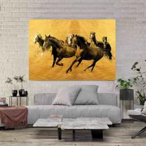 Tela Quadro Decorativo p para Sala Quarto Cavalos correndo Dourado 130x90