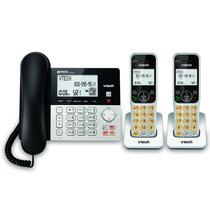 Telefone VTech VG208-2 DECT 6.0 com 2 aparelhos com fio/sem fio para uso doméstico com secretária eletrônica, bloqueio de chamadas, identificador de chamadas, tela grande retroiluminada, alto-falante duplex, interfone, alimentação de linha