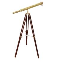 Telescópio náutico vintage de cano único de latão brilhante, tripé de madeira, acabamento dourado e marrom, decoração de casa