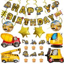 Tema de construção de conjunto de festa com 21 peças de escavadeira, misturador de cimento