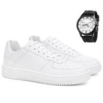 Tenis Air Couro Eco Leve Preto Branco Force Kit Com Relógio
