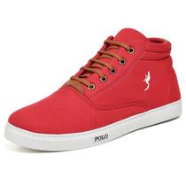Tênis Bota Lona Flexível Casual Masculino Cano Alto Forro Acolchoado Confortável Amarração Cadarços Versátil Cor:Vermelh