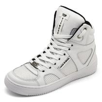 Tenis Bota Sneakers Cano Alto Top Fitness em Couro Branco