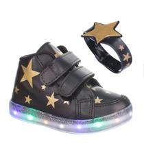 Tenis Botinha de Led Infantil Feminina Com Pulseira Estrela Preta