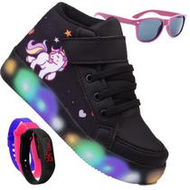 Tenis Botinha Feminino De Led Calce Facil Infantil Unicornio Personagem DIversão Luzinha + Oculos + Relogio