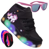 Tenis Botinha Feminino De Led Com Calce Facil Infantil Unicornio Personagem DIversÃo Luzinha + Oculos + Relogio