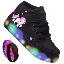 Tenis Botinha Feminino De Led Com Calce Facil Infantil Unicornio Personagem DIversÃo Luzinha + Relogio