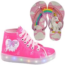 Tênis Botinha Infantil Feminino De Led Unicórnio Cano Alto + Chinelo