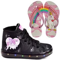 Tênis Botinha Infantil Feminino De Led Unicórnio Cano Alto + Chinelo