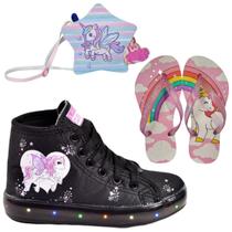 Tênis Botinha Infantil Feminino De Led Unicórnio Cano Alto + Chinelo + Bolsinha