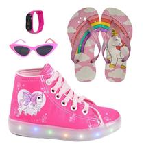 Tênis Botinha Infantil Feminino De Led Unicórnio Cano Alto +Chinelo+Óculos+Relógio