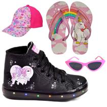 Tênis Botinha Infantil Feminino De Led Unicórnio Cano Alto +Óculos+Boné+Chinelo