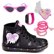 Tênis Botinha Infantil Feminino De Led Unicórnio Cano Alto +Óculos+Relógio+Puls+Make