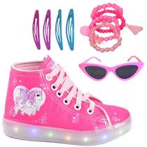 Tênis Botinha Infantil Feminino De Led Unicórnio Cano Alto +Óculos+Tictac+Puls