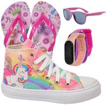 Tênis Botinha Infantil Feminino Personagem Cano Alto + Chinelo + Óculos + Relógio