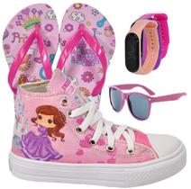 Tênis Botinha Infantil Feminino Personagem Cano Alto + Chinelo + Óculos + Relógio