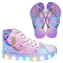 Tênis Botinha Infantil Led Feminino Sereia Casual + Chinelo Tênis Botinha Infantil Led Feminino Sereia Casual + Chinelo