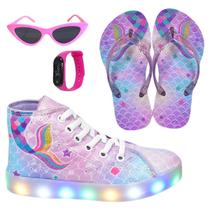 Tênis Botinha Infantil Led Feminino Sereia Casual +Chinelo+Óculos+Relógio Tênis Botinha Infantil Led Feminino Sereia Casual +Chinelo+Óculos+Relógio