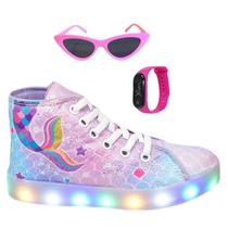 Tênis Botinha Infantil Led Feminino Sereia Casual +Óculos+Relógio Tênis Botinha Infantil Led Feminino Sereia Casual +Óculos+Relógio