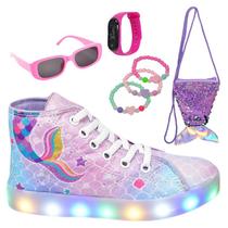 Tênis Botinha Infantil Led Feminino Sereia Casual +Óculos+Relógio+Pulseira+Bolsa Calda Sereia