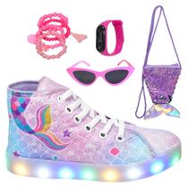 Tênis Botinha Infantil Led Feminino Sereia Casual +Óculos+Relógio+Pulseira+Bolsa Calda Sereia