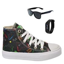 Tênis Botinha Infantil Masculina Meninos Cano Alto Personagem Aranha Gamer +Óculos+Relógio