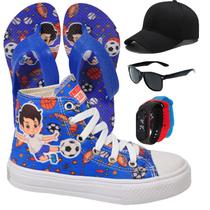 Tênis Botinha Infantil Masculino Personagem Aranha/Foguete/Futebol/Gamer + Chinelo + Óculos + Relógio + Boné Menino