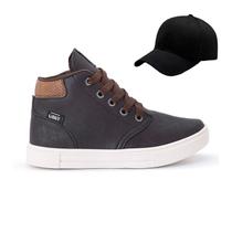 Tenis Botinha Infantil Meninos Casual Cano Alto Confortavel + Bone