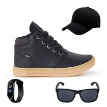 Tenis Botinha Infantil Meninos Casual Cano Alto Confortavel + Bone Oculos Relogio Tenis Botinha Infantil Meninos Casual Cano Alto Confortavel + Bone Oculos Relogio