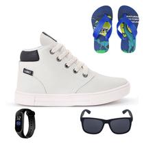 Tenis Botinha Infantil Meninos Casual Cano Alto Confortavel + Chinelo Oculos Relogio