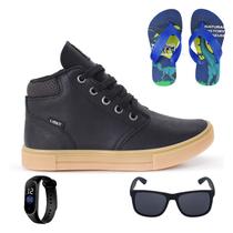 Tenis Botinha Infantil Meninos Casual Cano Alto Confortavel + Chinelo Oculos Relogio