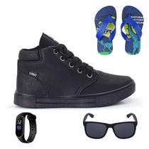 Tenis Botinha Infantil Meninos Casual Cano Alto Confortavel + Chinelo Oculos Relogio