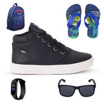 Tenis Botinha Infantil Meninos Casual Cano Alto Confortavel + Mochila Chinelo Oculos Relogio