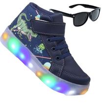 Tenis Botinha Masculino De Led Calce Facil Infantil Dinossauro Personagem DIversão Luzinha + Oculos