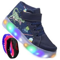 Tenis Botinha Masculino De Led Calce Facil Infantil Dinossauro Personagem DIversão Luzinha + Relogio