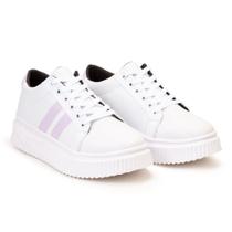 Tênis Branco Feminino com Listras Lilás e Sola Plataforma