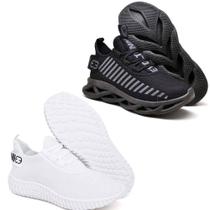 Tênis Caminhada Academia Corrida Confortavel 2 Pares Diferentes Branco/Preto Tênis Caminhada Academia Corrida Confortavel 2 Pares Diferentes Branco/Preto