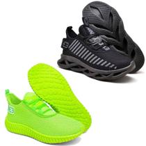 Tênis Caminhada Academia Corrida Confortavel 2 Pares Diferentes Preto/Verde Tênis Caminhada Academia Corrida Confortavel 2 Pares Diferentes Preto/Verde