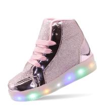 Tenis Cano Medio Luzes de Led Meninas Glitter Espelhado Rosa Tenis Cano Medio Luzes de Led Meninas Glitter Espelhado Rosa