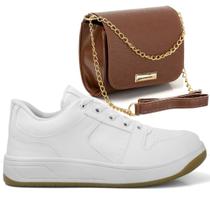 Tênis Casual Branco Feminino Wit Shoes Básico com Bolsa Pequena Caramelo