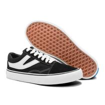 Tênis Casual Em Lona e Couro Preto