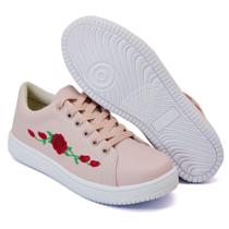 Tênis Casual Feminino Com Cadarço Siena Bordado Flor/Rosa