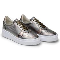 Tênis Casual Feminino Couro Premium Metalizado Onix Craquele