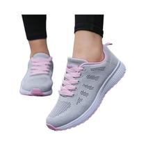 Tênis Casual Feminino de Malha Respirável - Sapatos de Caminhada Planos Brancos para Academia