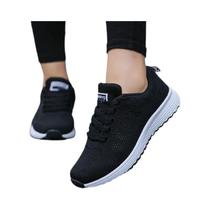 Tênis Casual Feminino de Malha Respirável - Sapatos de Caminhada Planos Brancos para Academia