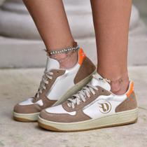 Tênis Casual Feminino Dorf em Couro Off White e Laranja